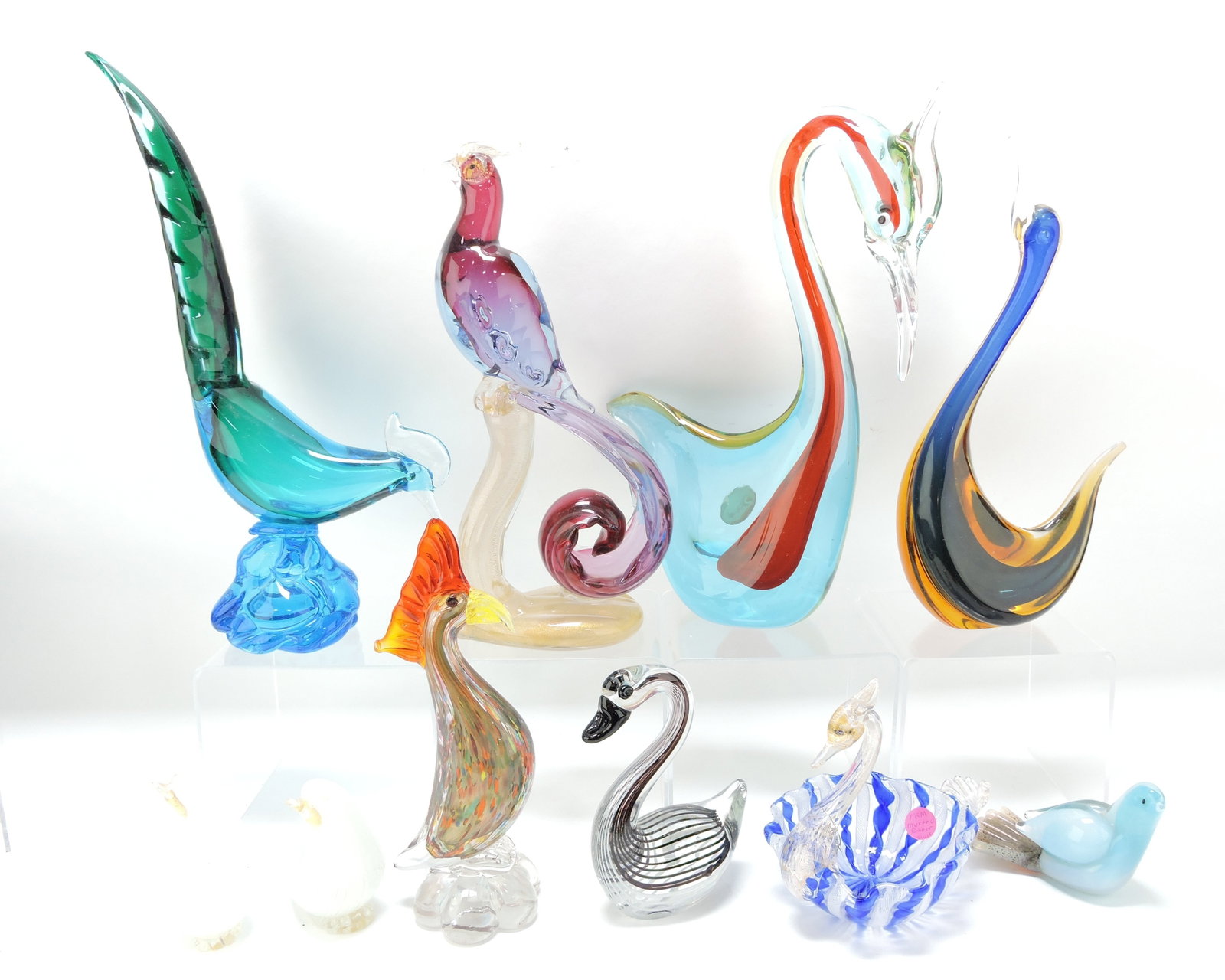 Murano MCM lot of 10 birds,: 3" to 14"