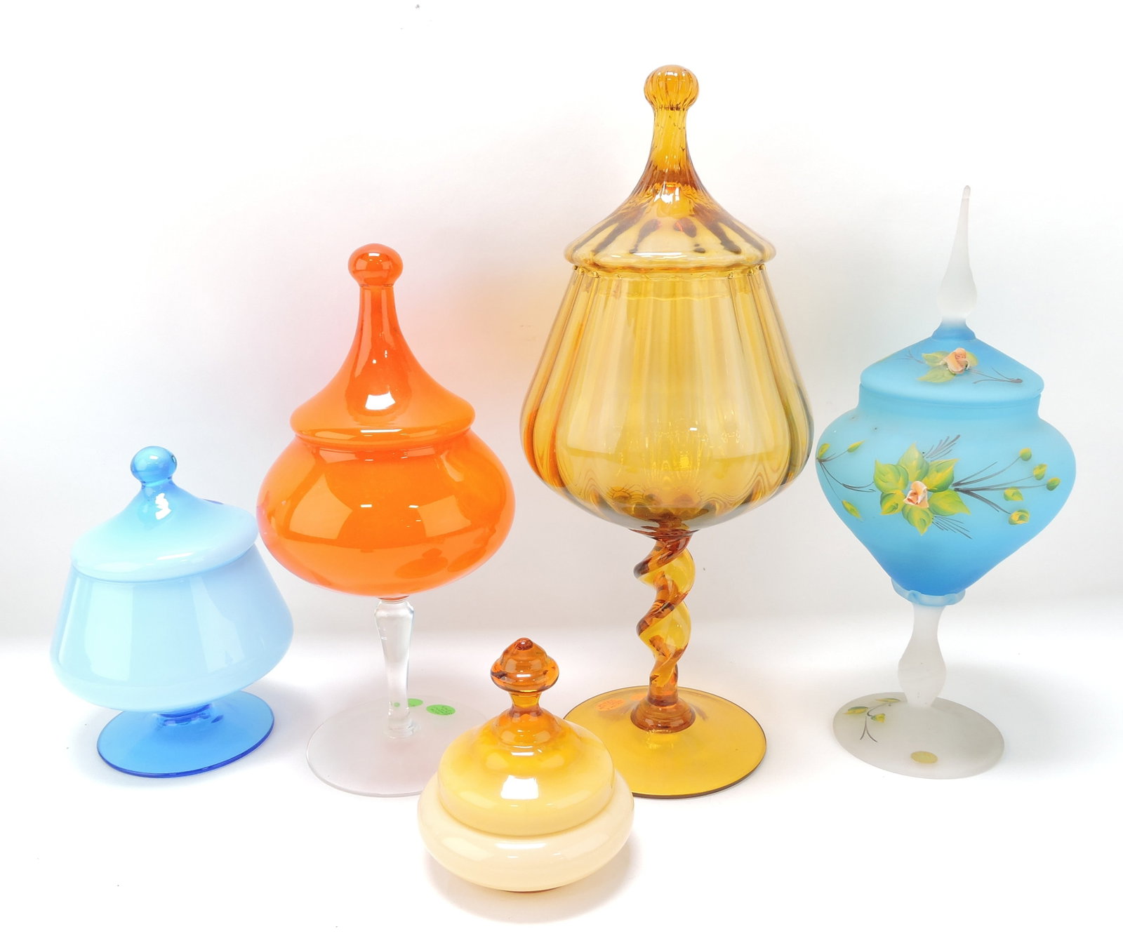 Murano MCM Empoli lot of 5: covered jars, 5" to 16"