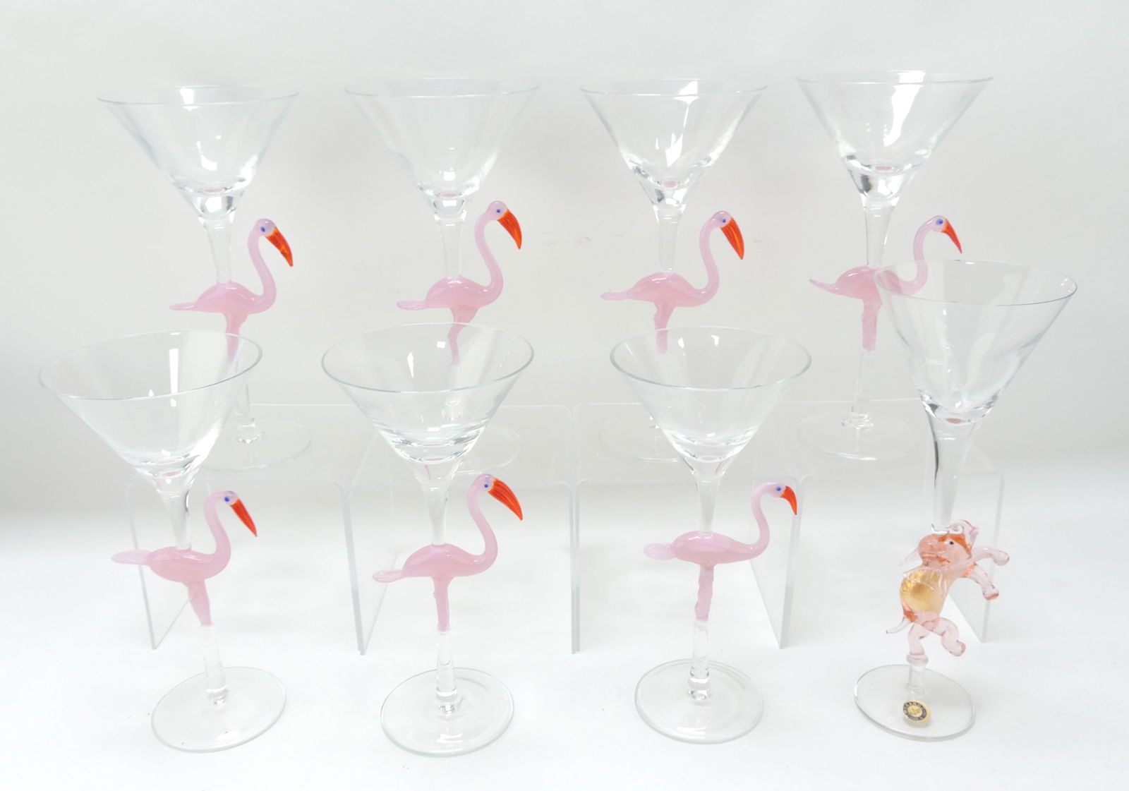 Murano MCM set of 7 pink flamingo: goblets 9 1/4", and one elephant 10 1/2"