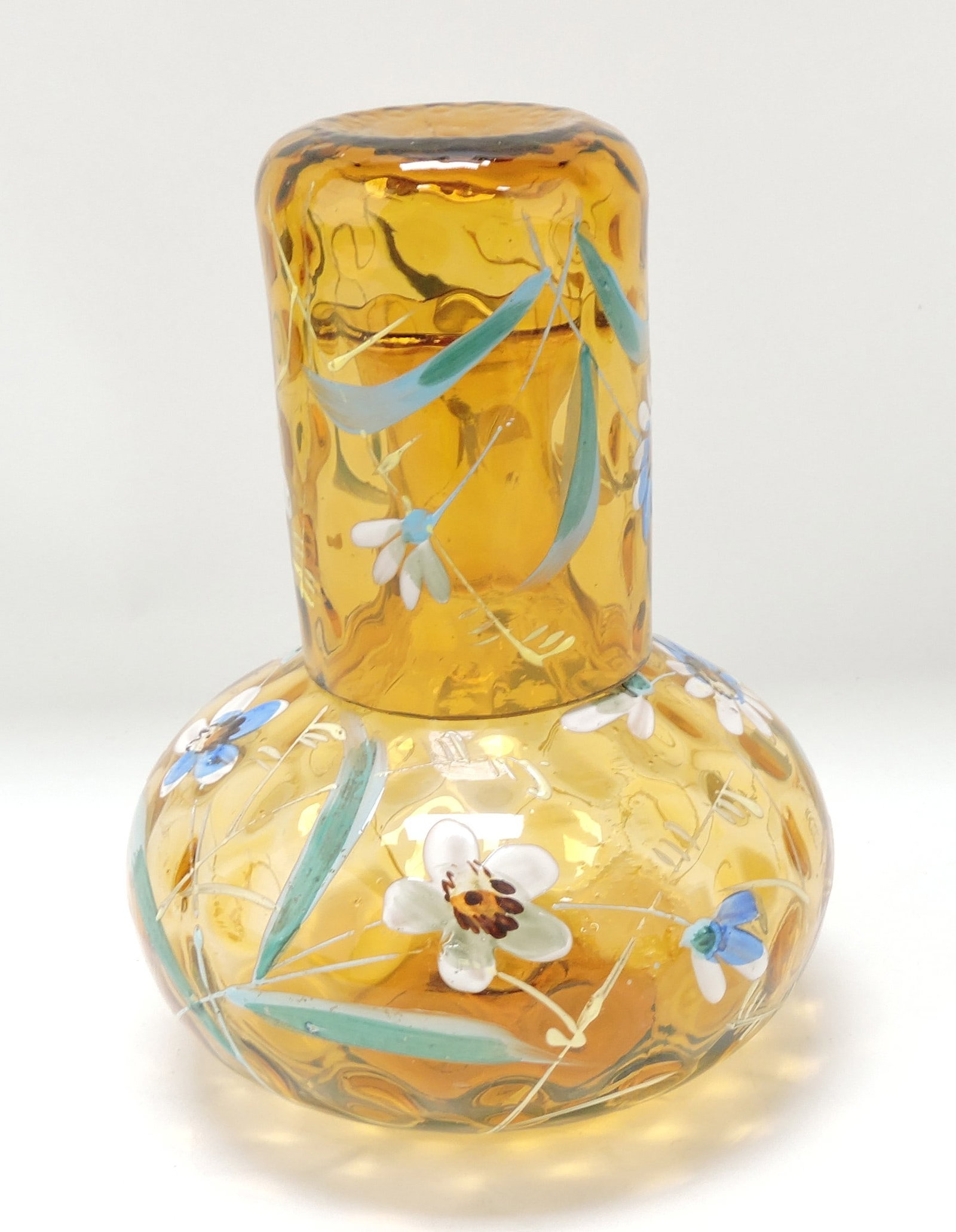 Victorian amber glass floral enameled: tumble up, 7"