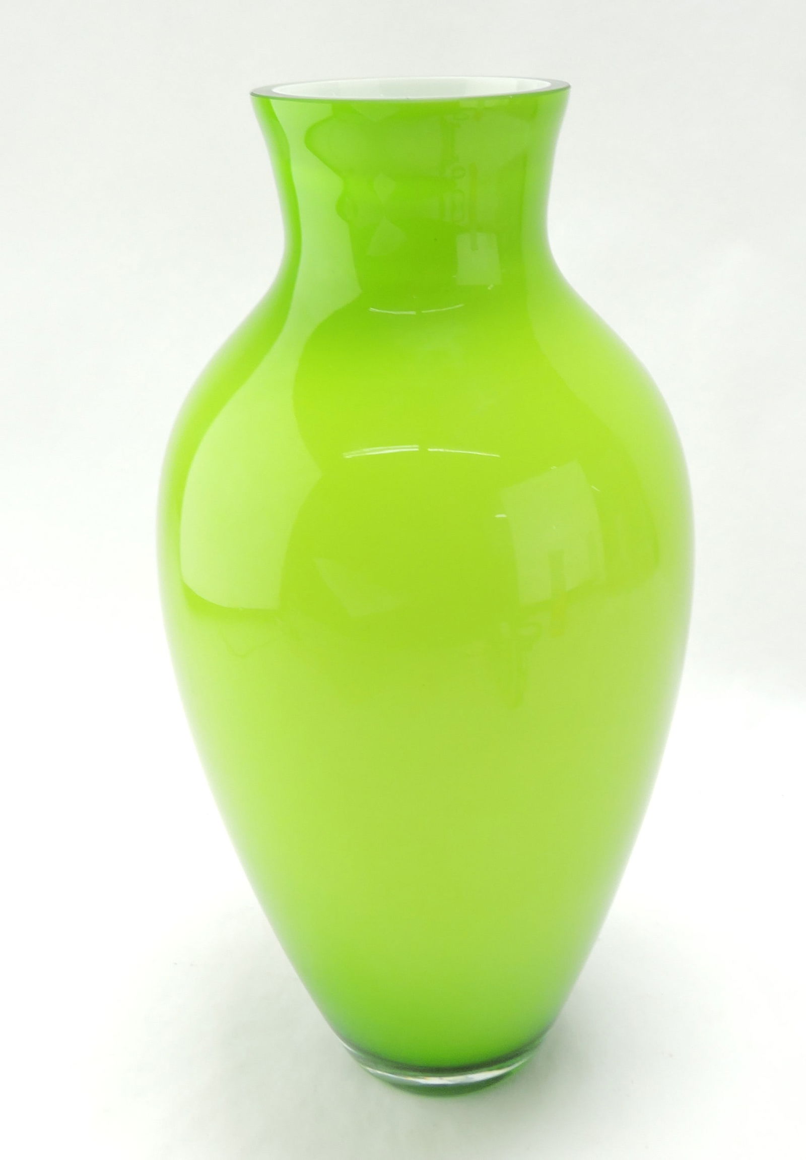 Murano glass vase by C. Nason,: clear over green over opal cased glass, original label, 14"