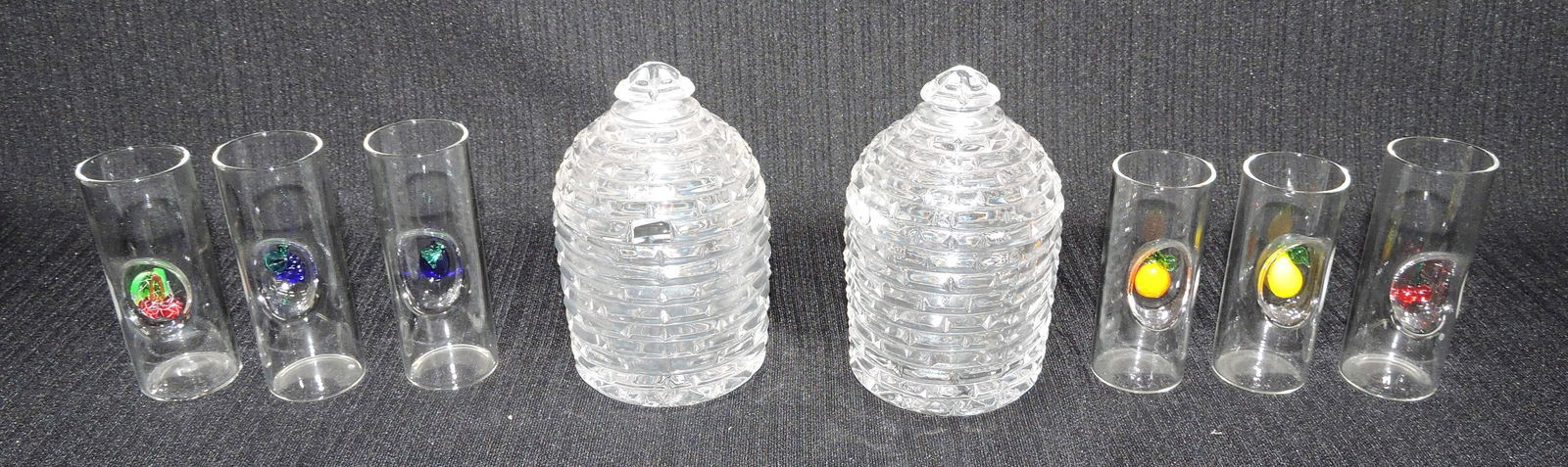 Glass lot of 2 beehive honey pots,: 4 3/4", and 6 - 3" shot glasses, each with a fruit