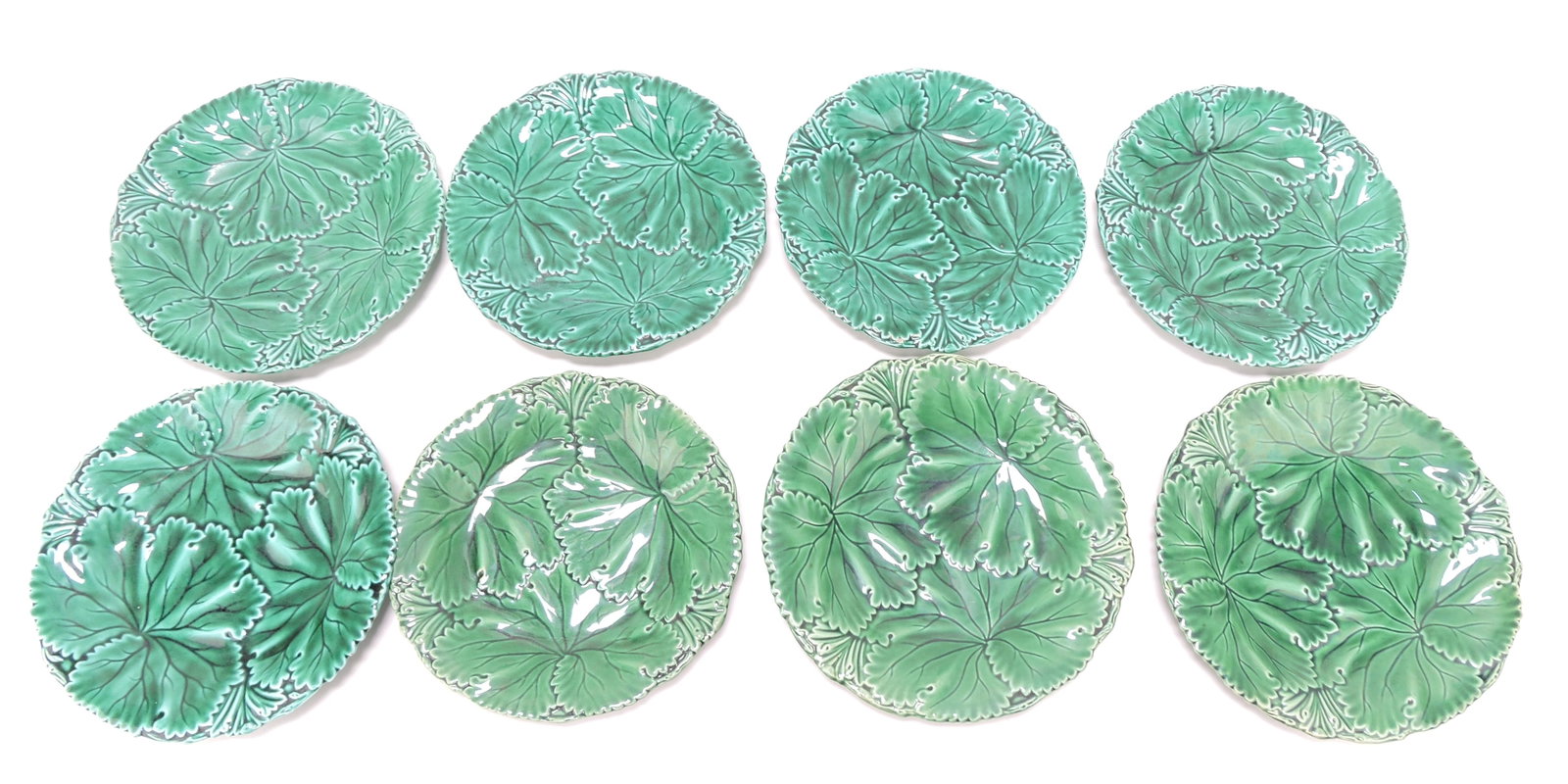 Copeland dark green majolica lot of: 8 plates, 8 3/4" to 9 1/4", various condition