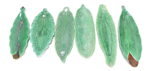 Majolica dark green lot of 6 leaf trays,