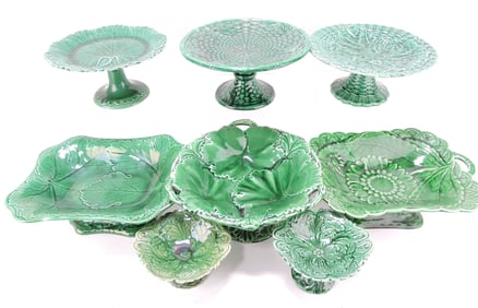 Dark green majolica lot of 8 comports,