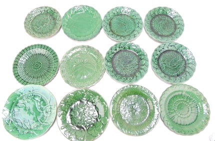 Dark green majolica lot of 12 plates,
