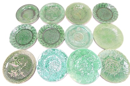 Dark green majolica lot of 12 plates,