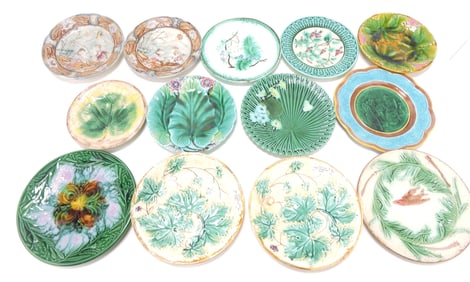 Majolica lot of 13 plates, 7" to 9",