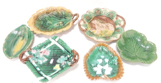 Majolica lot of 6 trays, 8" to 12",