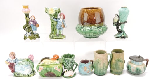 Majolica lot of 11 assorted items,