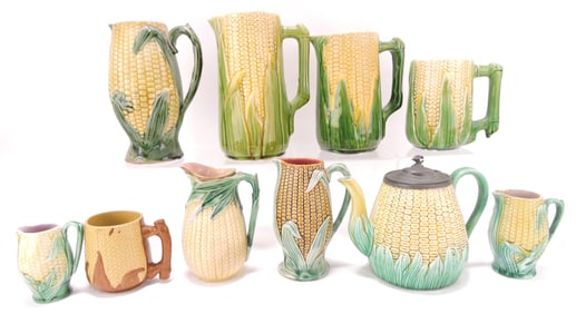 Majolica lot of 10 corn items,