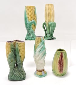 Majolica lot of 5 corn vases,
