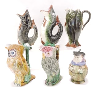 Majolica lot of 6 figural jugs,