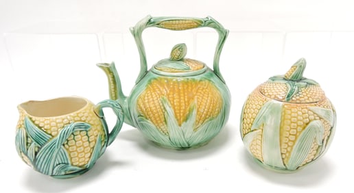 Majolica corn 3 piece tea set,