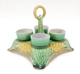Majolica pineapple egg cup carrier,