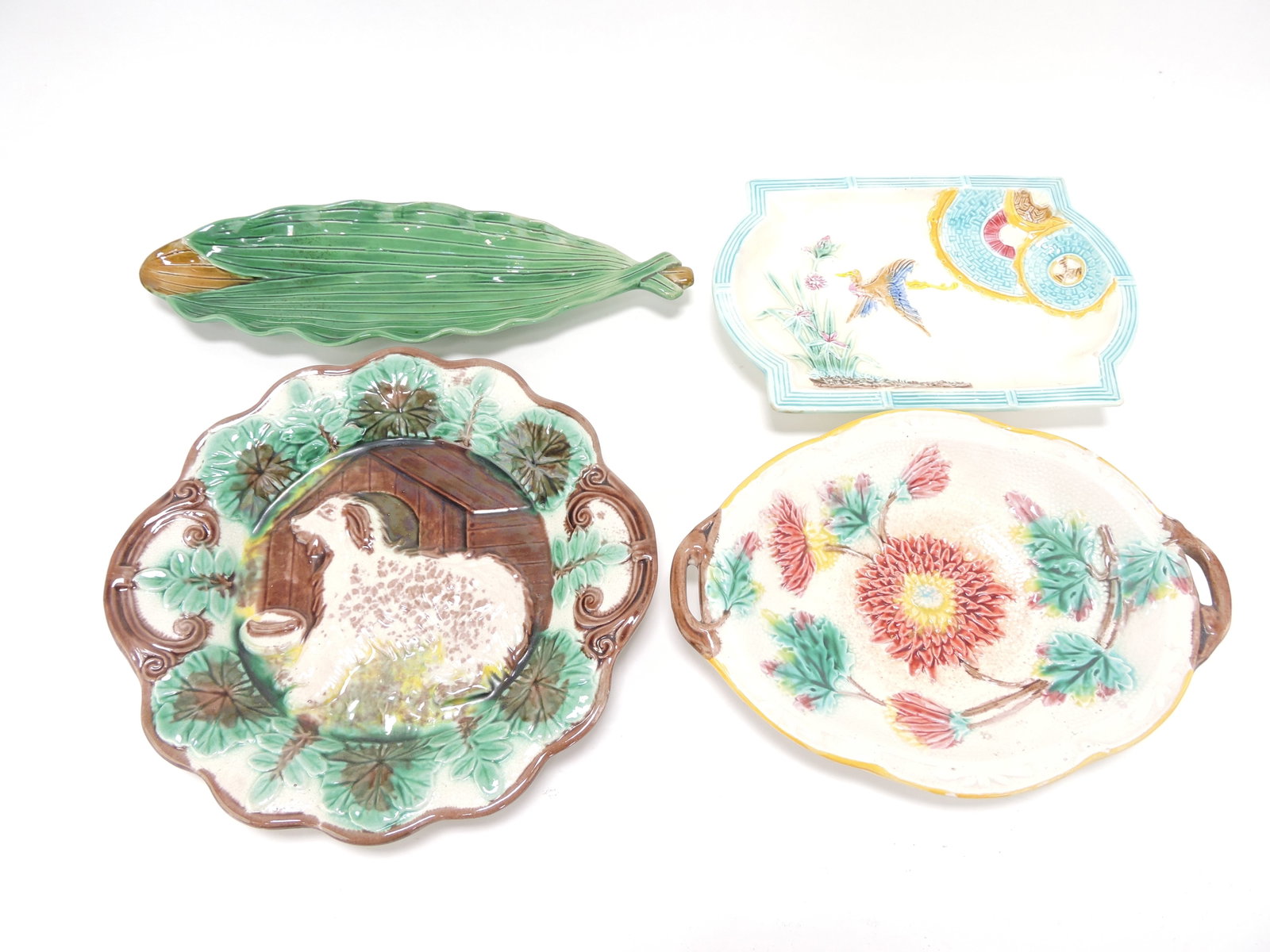 Majolica lot of 4 platters/trays,: 10" to 13 1/2"