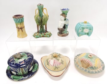 Majolica lot of 7 pieces, 4" to 8",