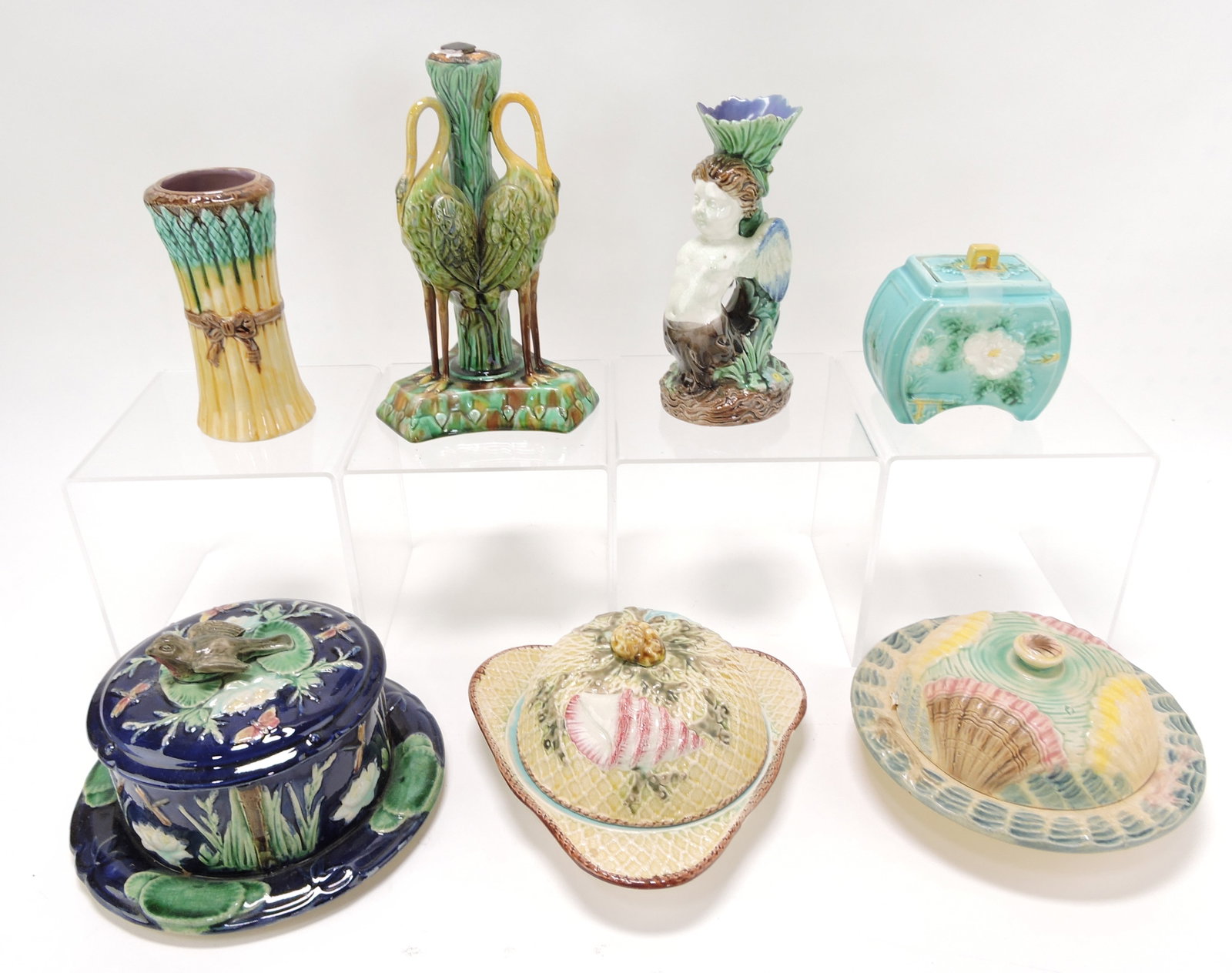 Majolica lot of 7 pieces, 4" to 8",: various condition