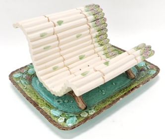 Majolica asparagus cradle and tray,