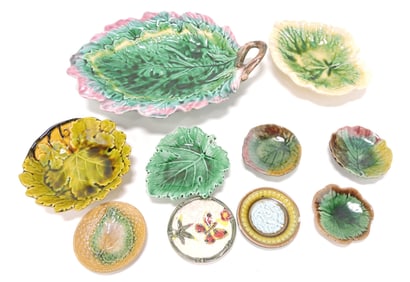 Majolica lot of 10 leaf trays and butter