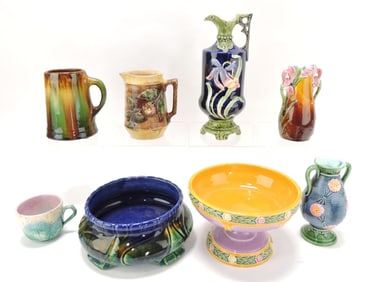 Majolica lot of 8 pieces, 3" to 9",