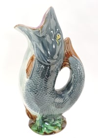 Majolica gurgling fish jug, 12 1/2"