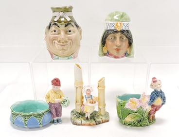 Majolica lot of 5 figurals, 4" to 6",