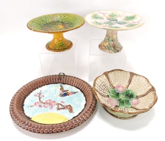 Majolica lot of 3 comports and one platter,