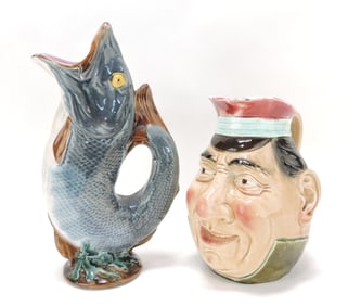Majolica fish jug and face jug, 12" & 9",