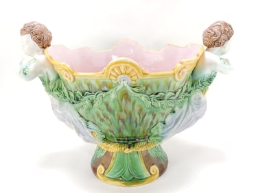 Majolica large jardiniere with putti,