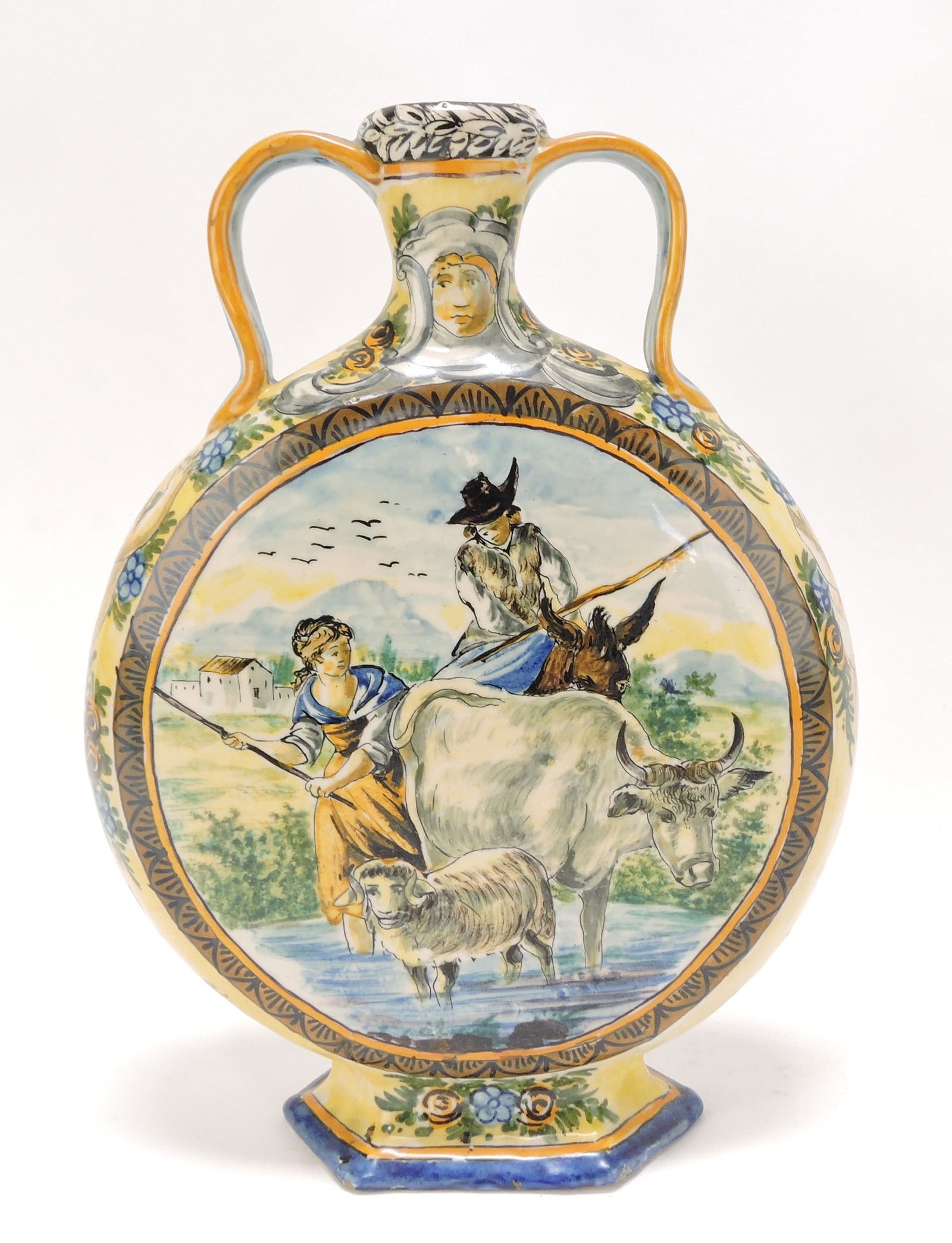 Italian majolica moon flask vase,: 10"