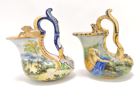 Italian majolica lot of 2 wine jugs, 8"