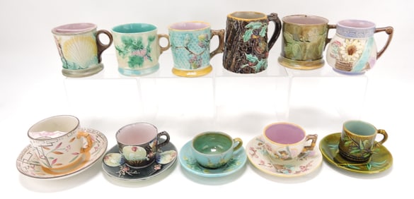 Majolica lot of 6 mugs and 5 cups and