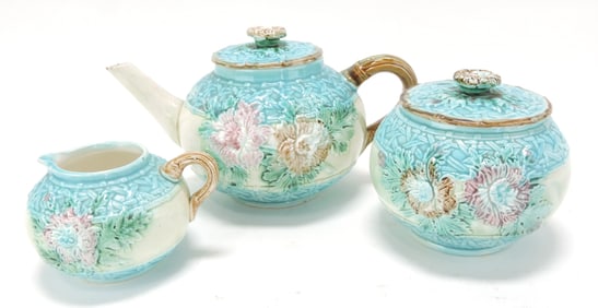 Majolica 3 piece floral tea set,