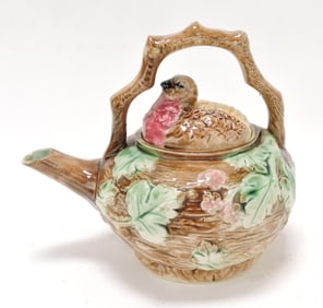 Majolica bird and bird's nest tea kettle,