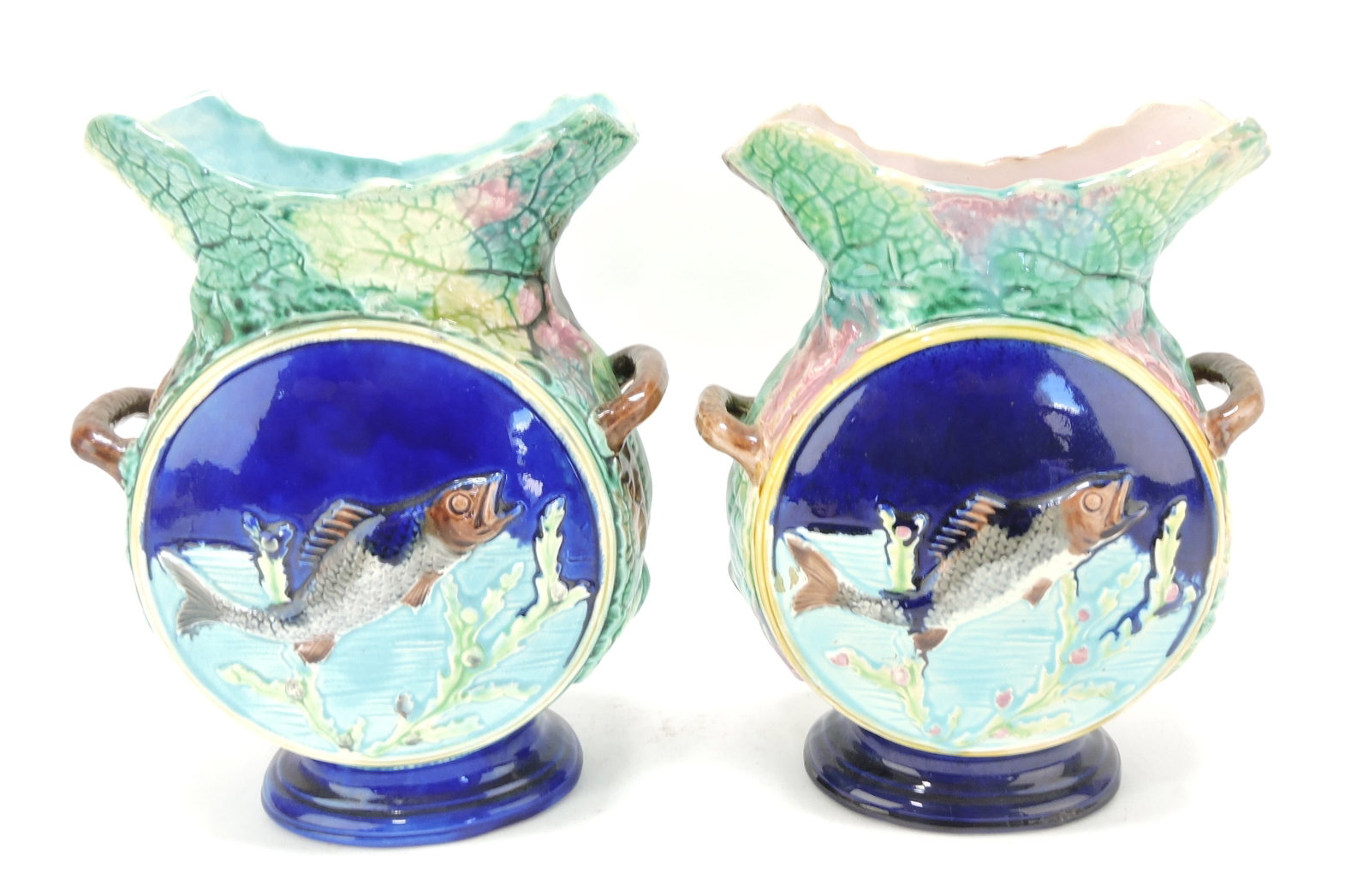 Majolica pair of moon vases with fish and: birds, 9 1/2"