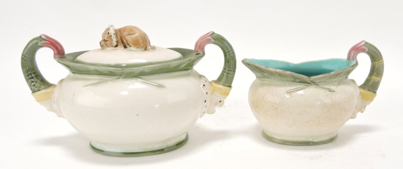 Wedgwood Argenta majolica Punch &: Judy cream & sugar, crazing, 4" to 6"