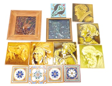 Majolica lot of 13 tiles, 4" to 6",
