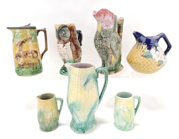 Majolica lot of 7 pitchers, 4 1/2" to 9",