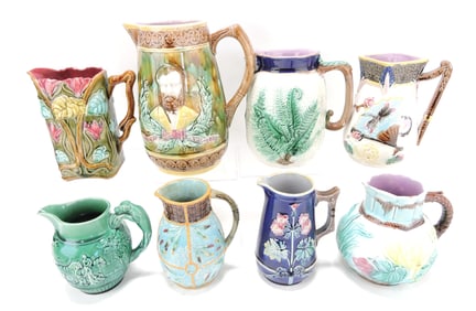 Majolica lot of 8 pitchers, 6" to 10"