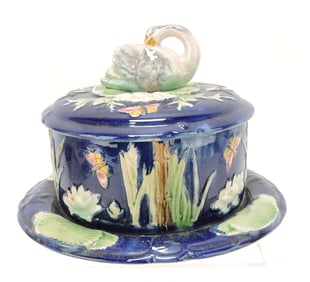 Majolica cobalt swan and pond lily