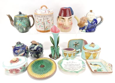 Majolica lot of 14 pieces, 2 1/2" to