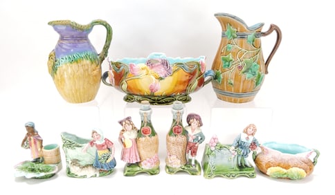 Majolica lot of 9 pieces, 3" to 9",