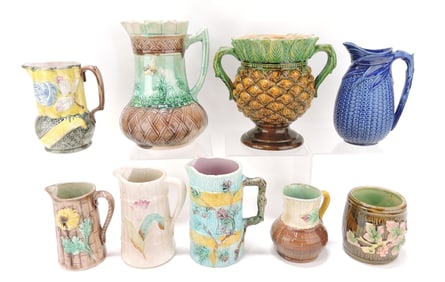 Majolica lot of 9 pieces, 4" to 9"