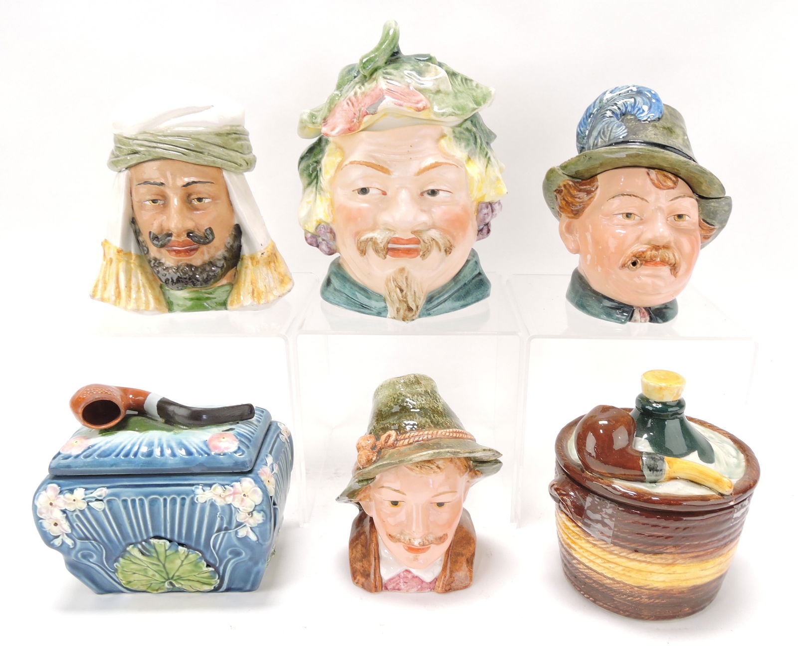 Majolica lot of 6 humidor tobacco jars,: various condition, 5" to 7 1/2"