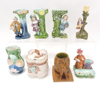 Majolica lot of 8 assorted items, 5" to 8",