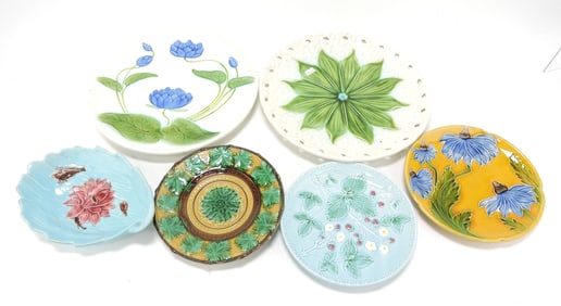 Majolica lot of 6 trays/plates, 7 3/4" to