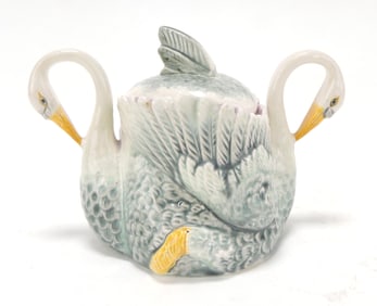 Majolica double swan handled covered