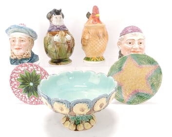 Majolica lot of 7 items - 2 humidors,