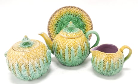 Majolica 4 piece pineapple tea set,